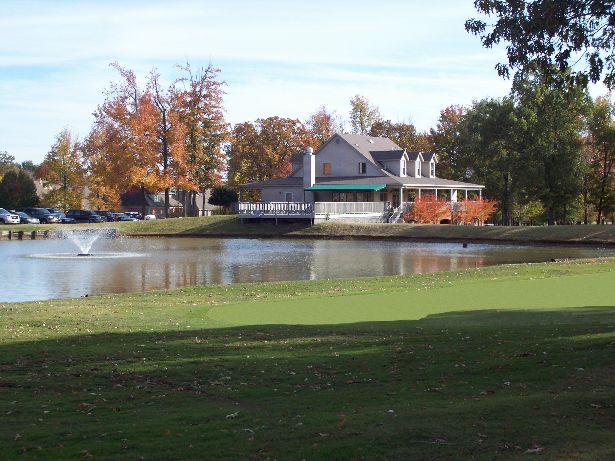 View of clubhouse and patio from the 18th green.